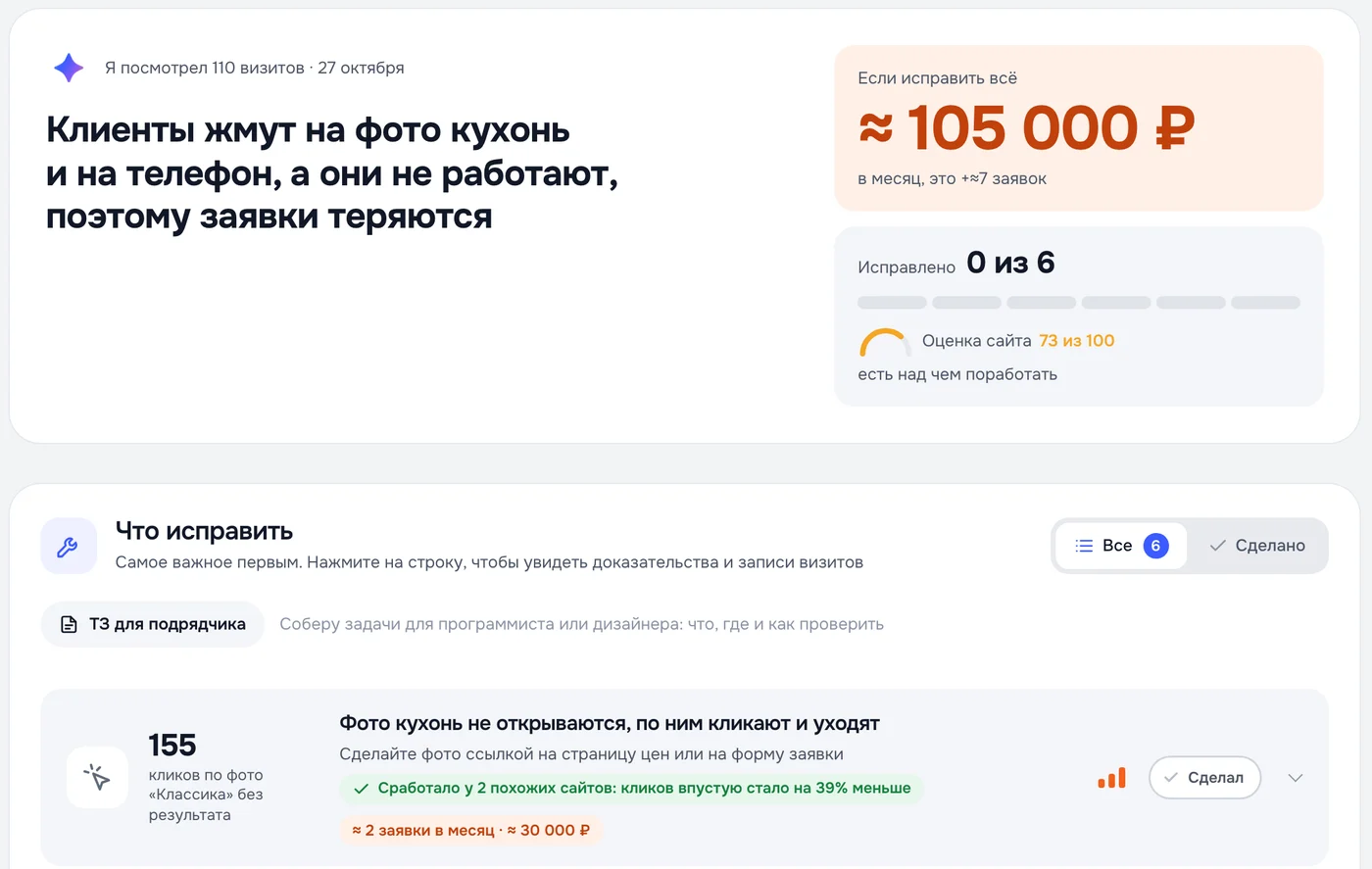 ИИ-разбор в one2click: главный вывод, оценка сайта и список правок с числом кликов